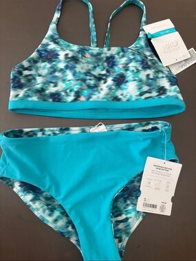 NWT Athleta Girl Tie Dye Set Reversible Scoop Top & Mid Rise swim Bottom Sz 12.